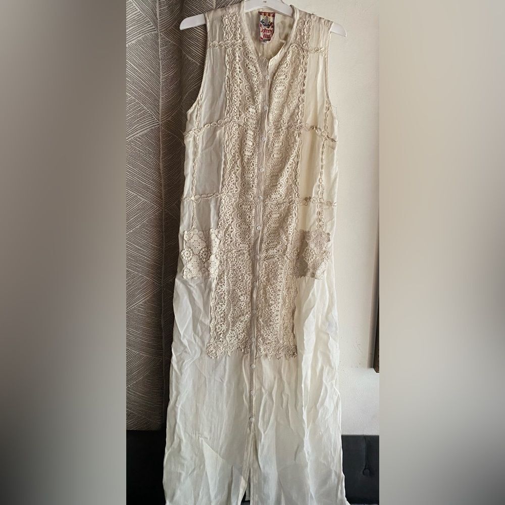 Johnny Was Dress Women’s High Slit Beige Embroidered Sleeveless Lining Sz Small